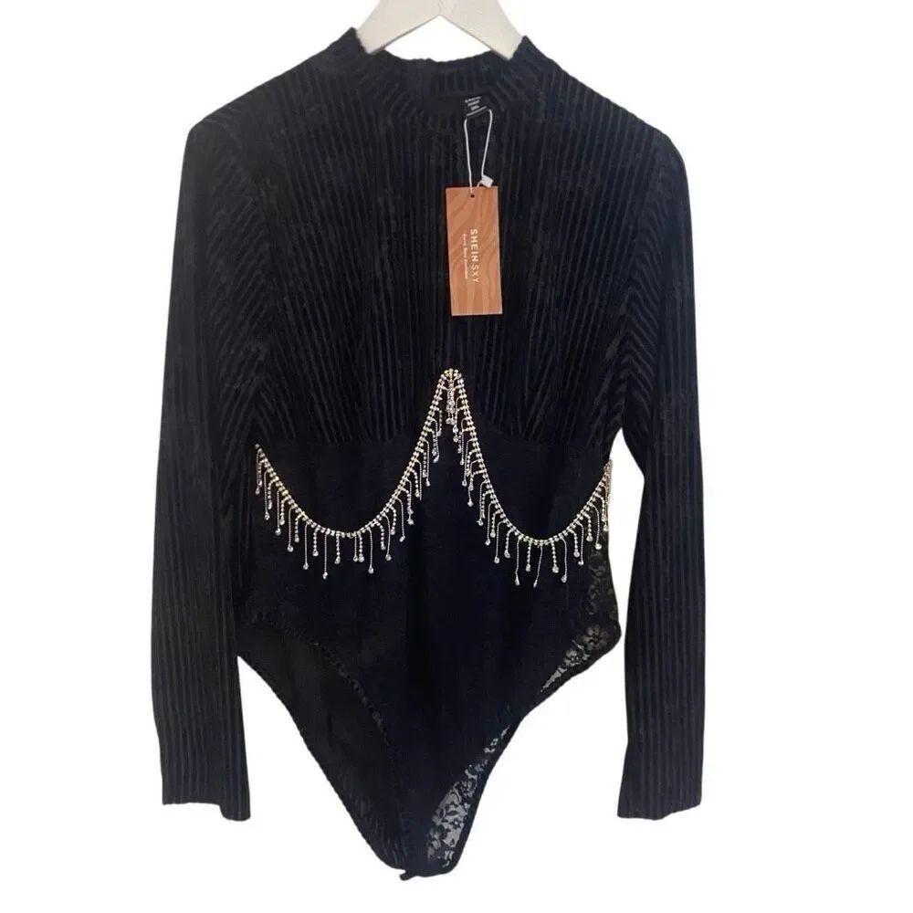 NWT Shein curve size 3XL long sleeve cow neck ribbed bodysuit with Jewels